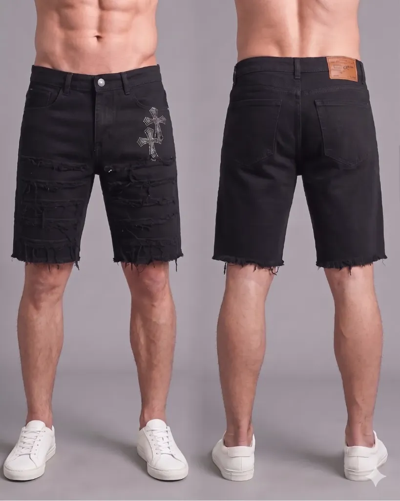 [HJ-001781-28-NEGRO] Bermuda rigida negra doble cruz deshilachada llana (28)