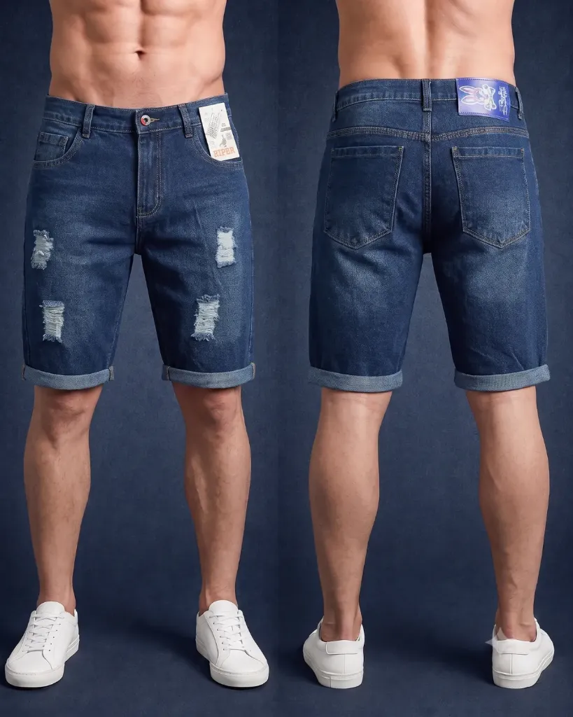 [HJ-002327-36-AZUL-2] Bermuda rigida rasgada llana