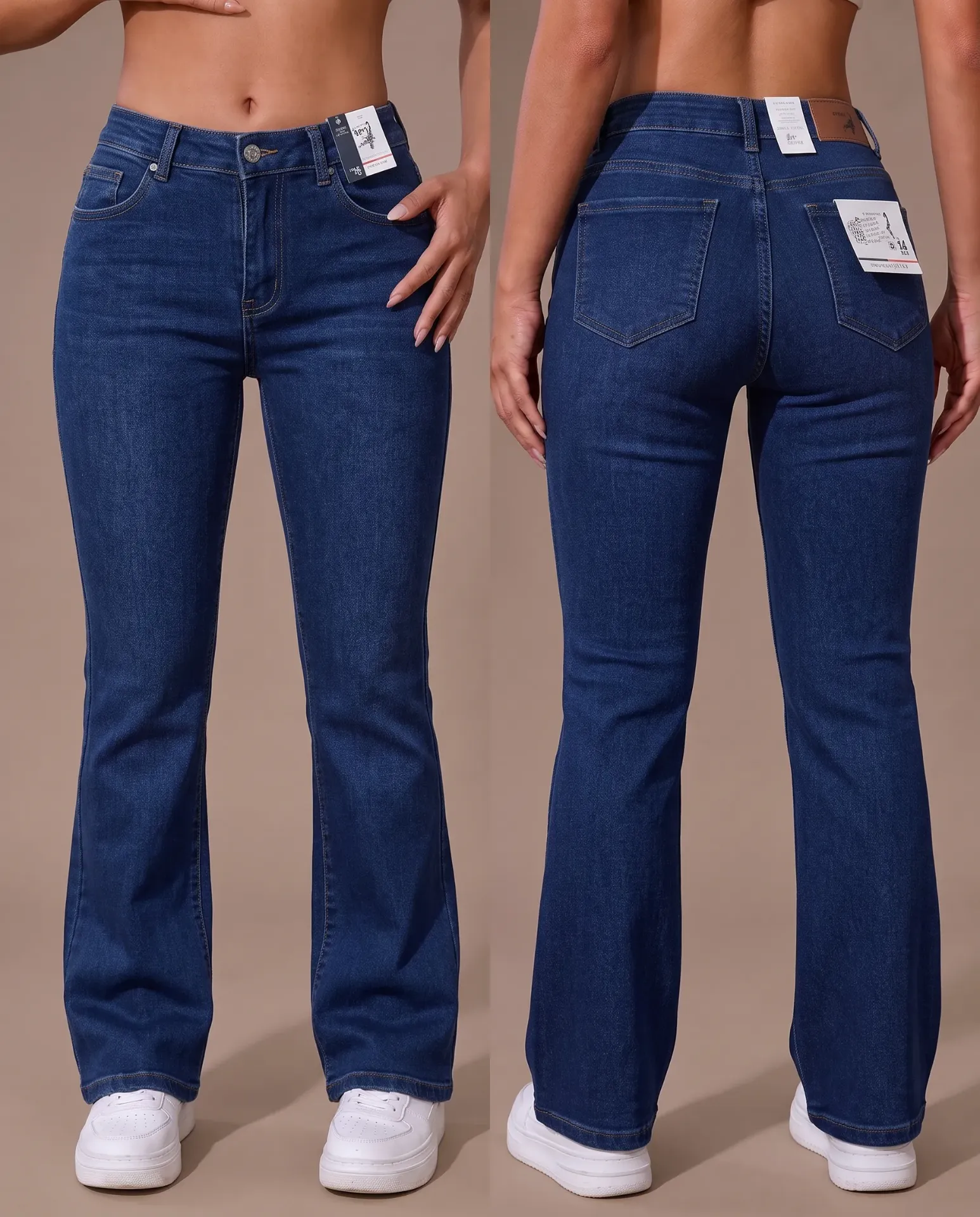 Acampanado jeans stone strech con bigotes y efecto corazón