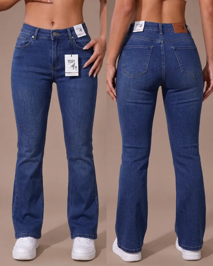 Acampanado jeans stone strech llano y efecto corazón