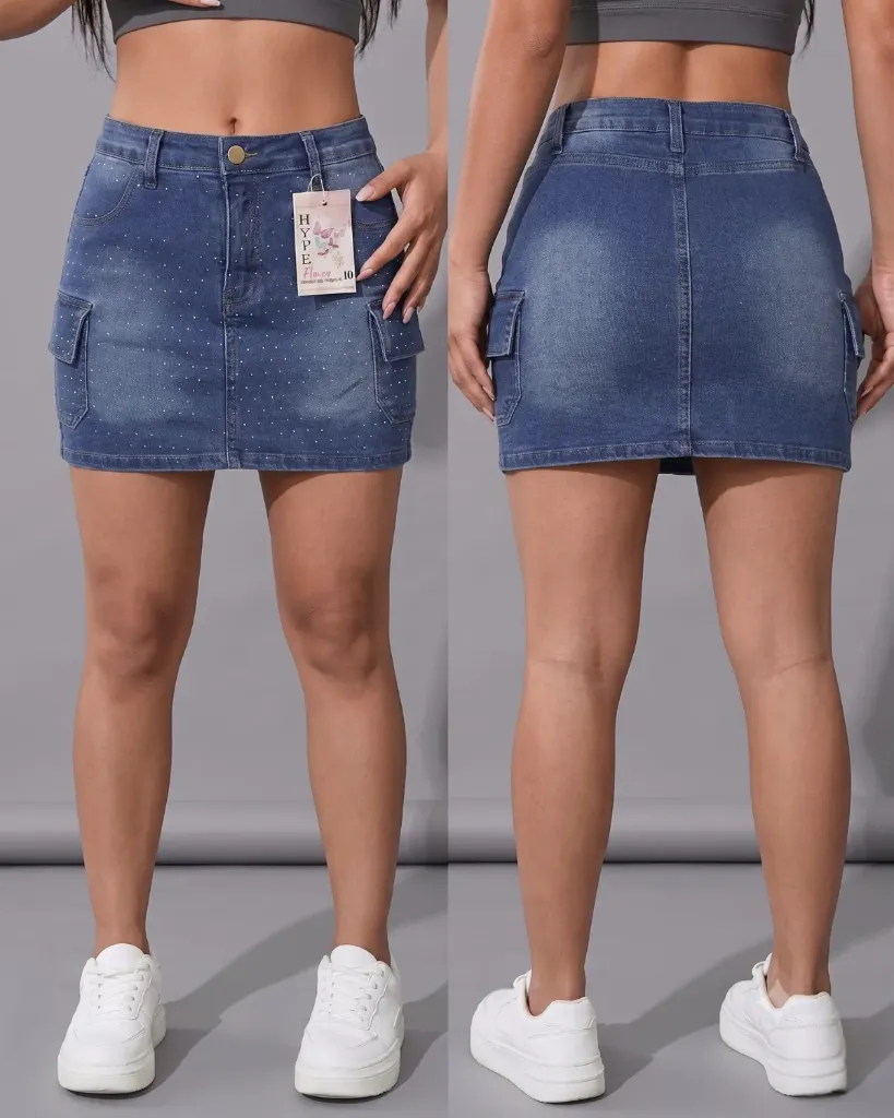 Falda short strech cargo con brillos