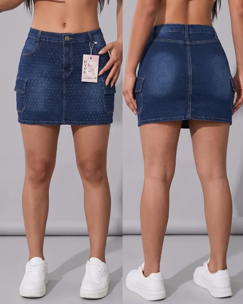 [HJ-002432-8-AZUL-MEDIO] Falda short strech cargo con brillos (8, Azul medio)