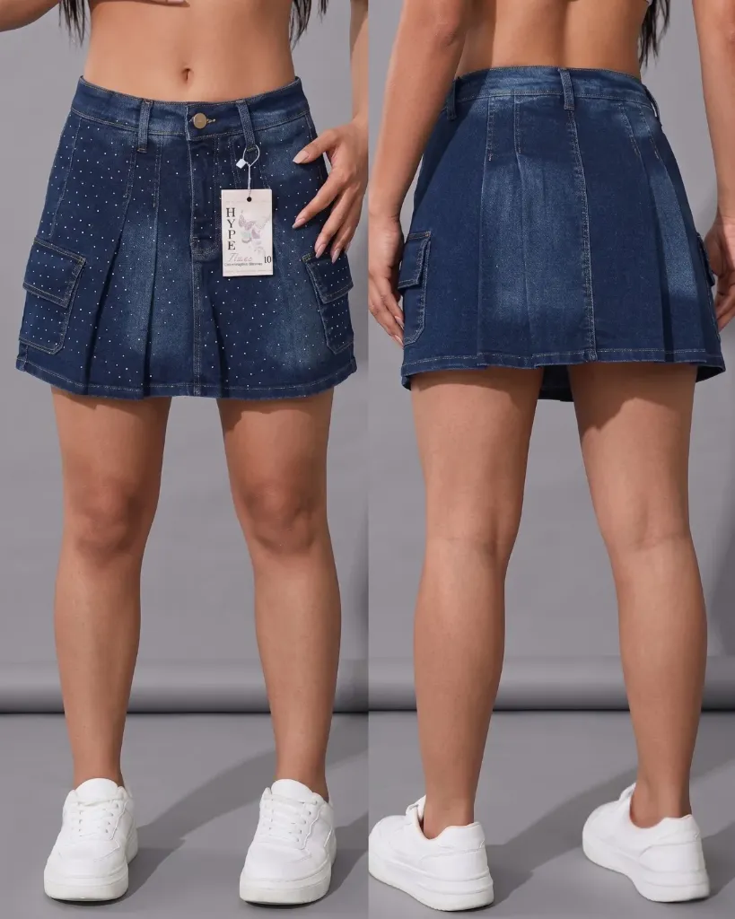 Falda short strech plisada cargo con brillos