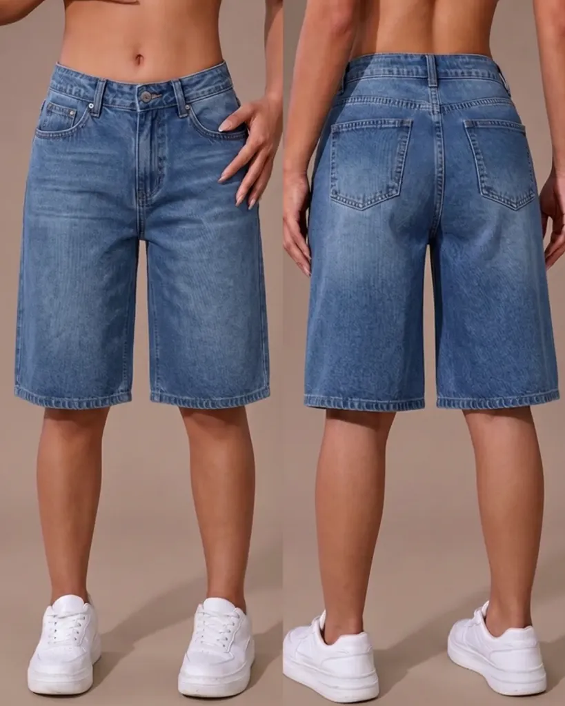 Bermuda jeans rigida con bigotes