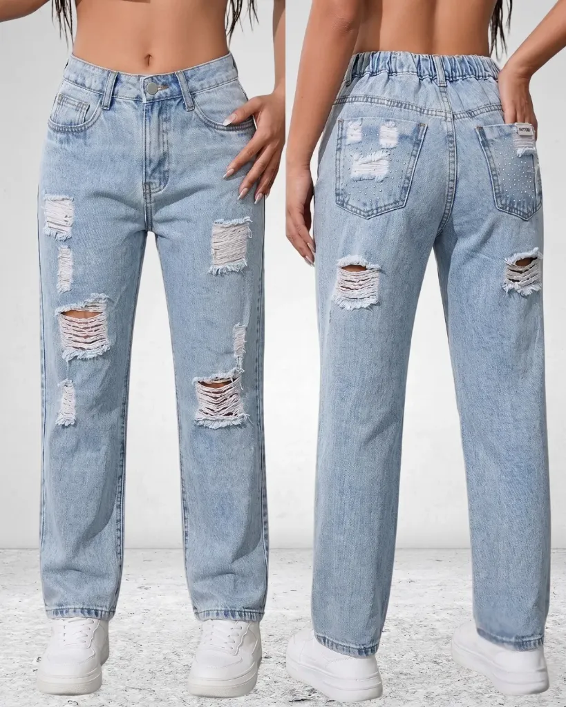 Liquidación mom jeans rigido rasgado con elastico y brillos posteriores