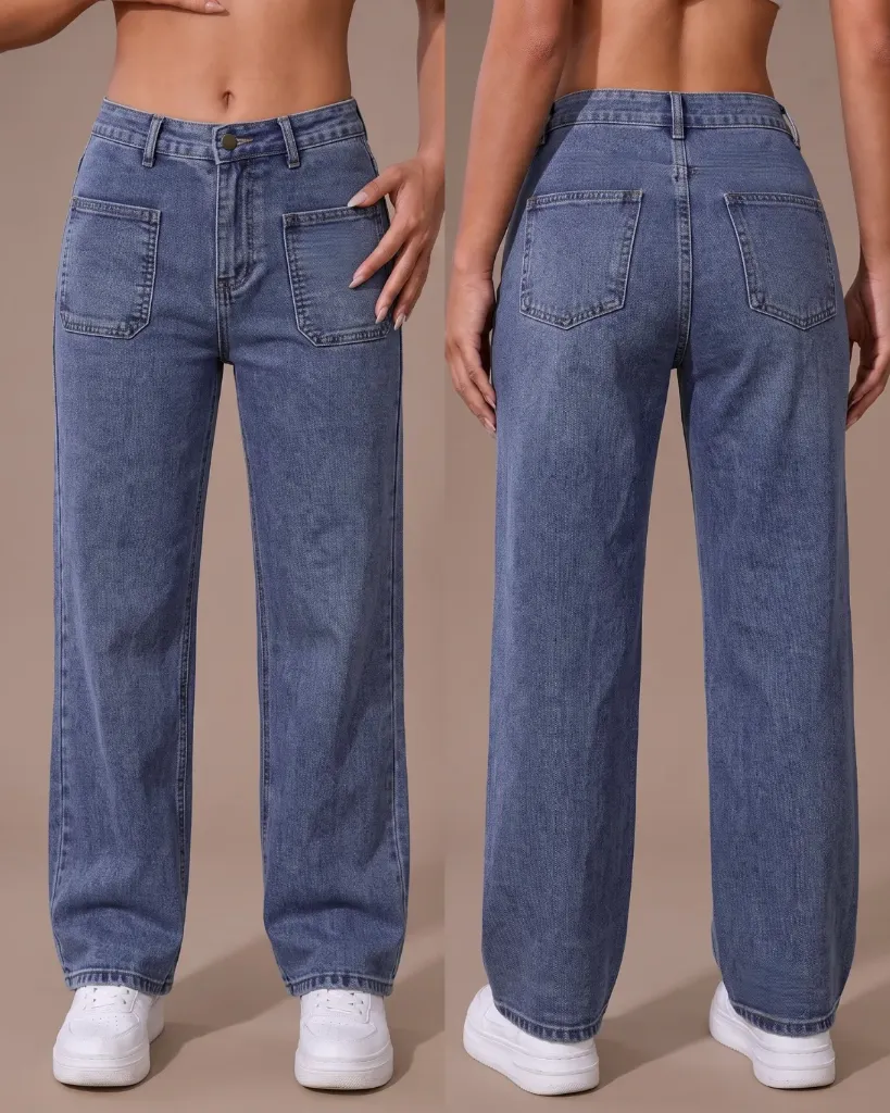 Wide leg jeans strech con bolsillos delanteros