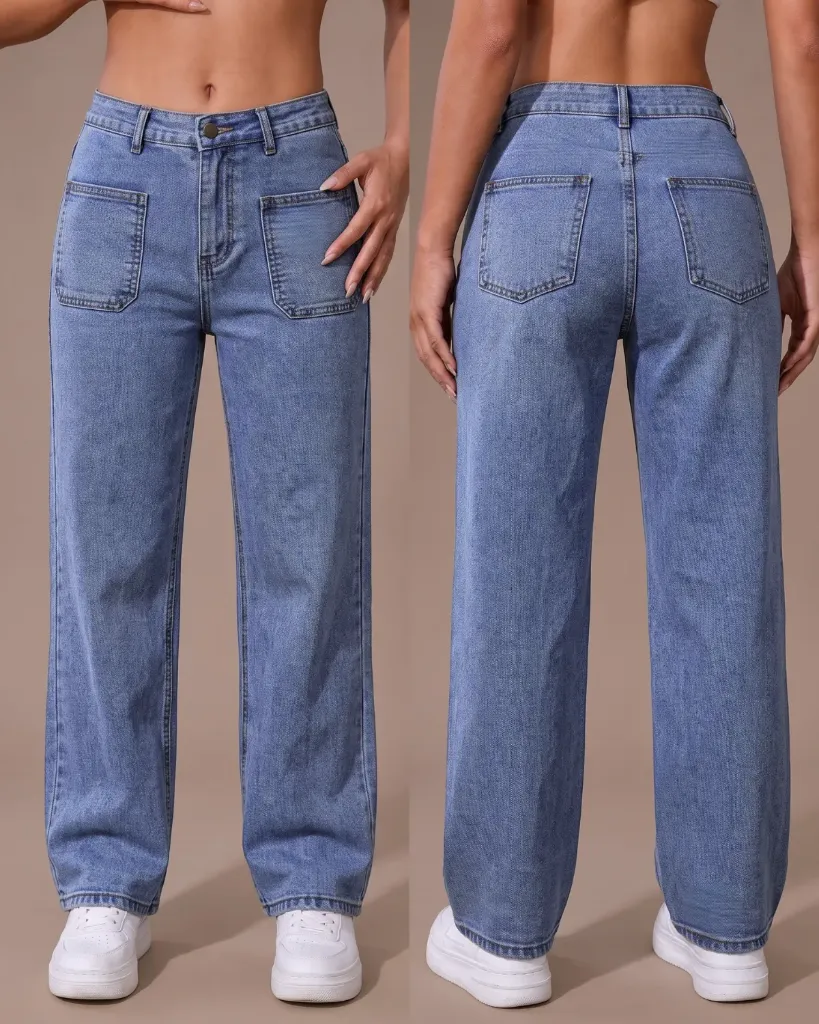 Wide leg jeans strech con bolsillos delanteros