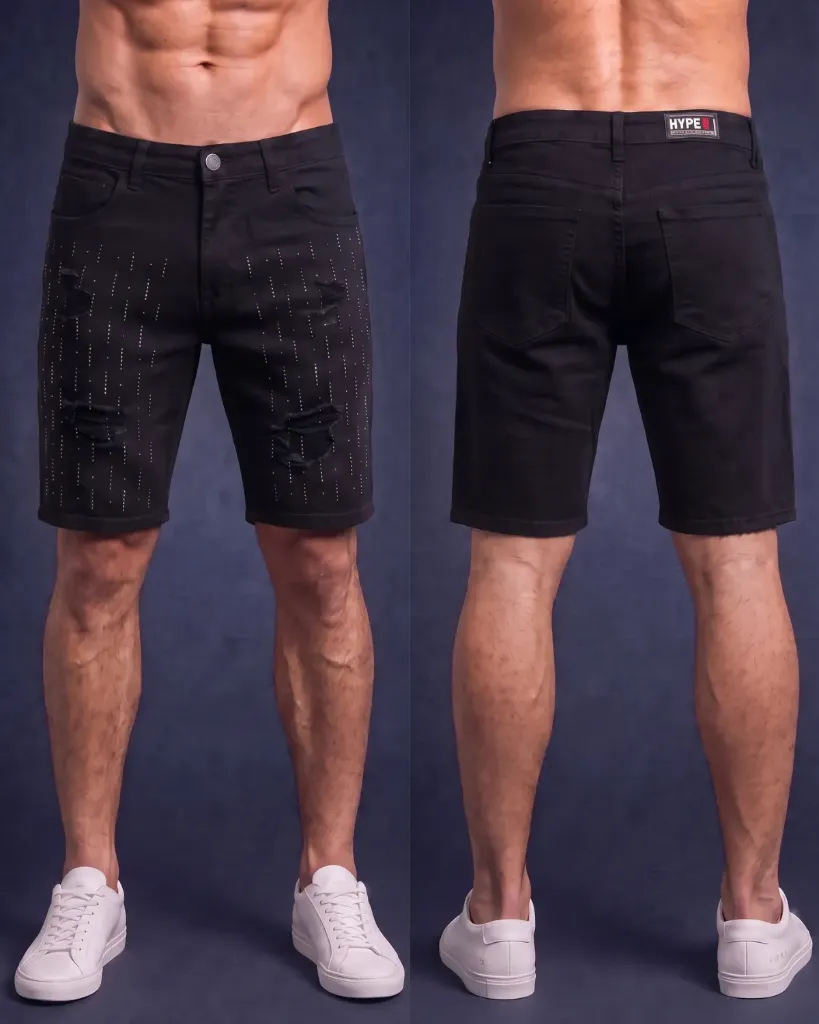 [HJ-002507-30-NEGRO] Bermuda rigida rasgada con brillos (30, Negro)