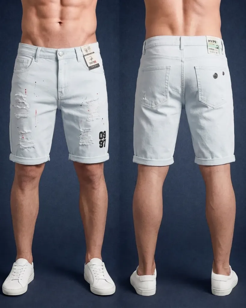 Bermuda rigida rasgada estampada con manchas de pintura