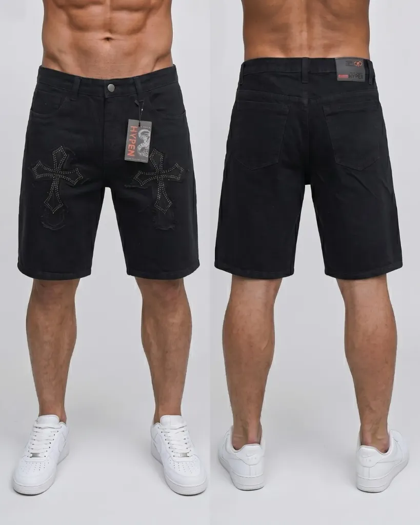 [HJ-002523-30-NEGRO] Bermuda rigida rasgada con diseños de doble cruz (30, Negro)
