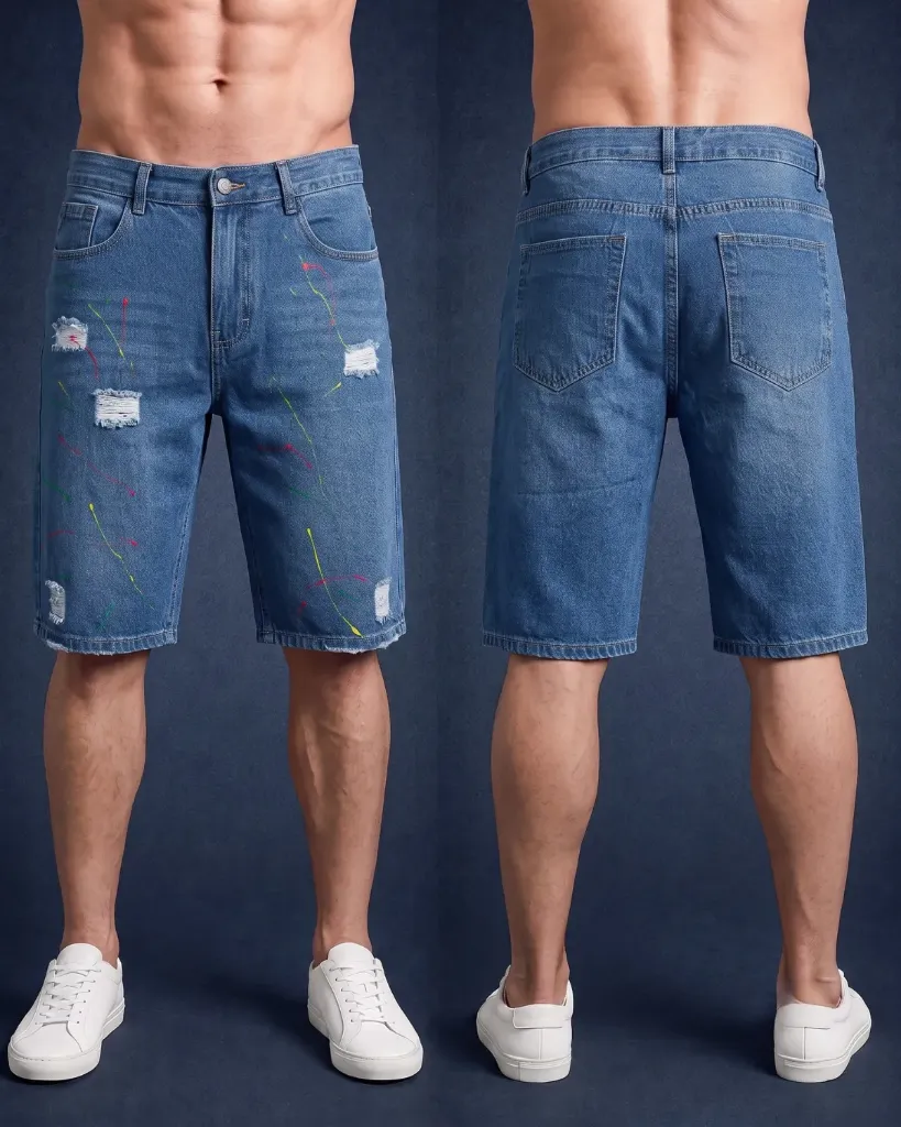 [HJ-002563-36-AZUL-MEDIO] Bermuda rigida rasgada con manchas de pintura (36, Azul medio)