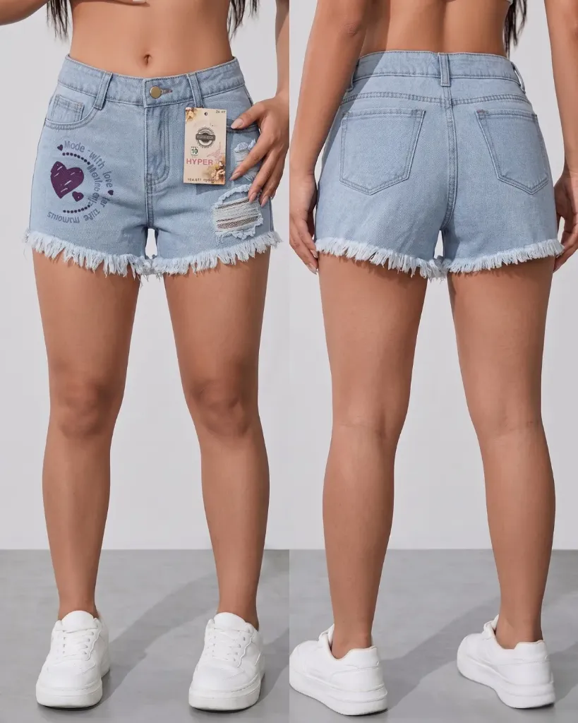 [HJ-002601-10-CELESTE] Short rigido rasgado con estampado (10, Celeste)