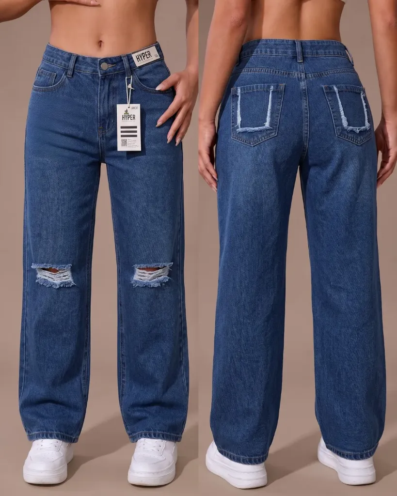 [HJ-002682-16-AZUL-2] Baggy rigido con rasgado en la rodilla (16, Azul #2)