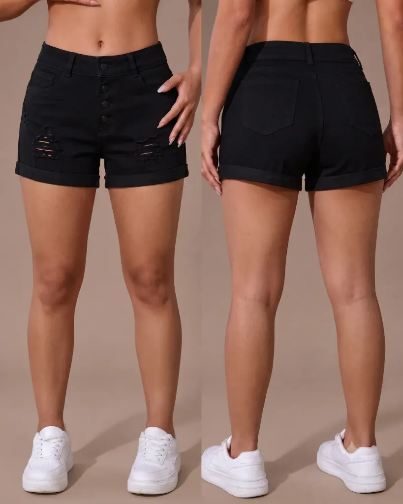 [HJ-002688-10-NEGRO] Short strech rasgado de 4 botones (10)