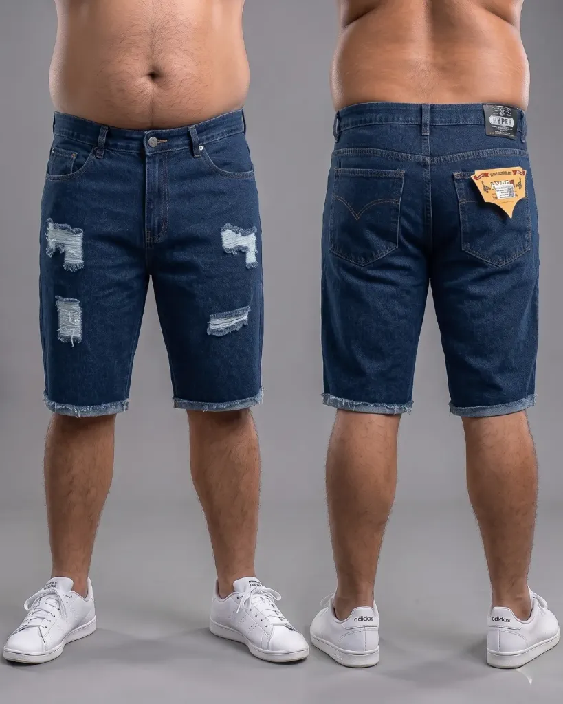 [HJ-002703-42-AZUL-MEDIO] Bermuda rigida rasgada plus con basta deshilachada (42, Azul medio)