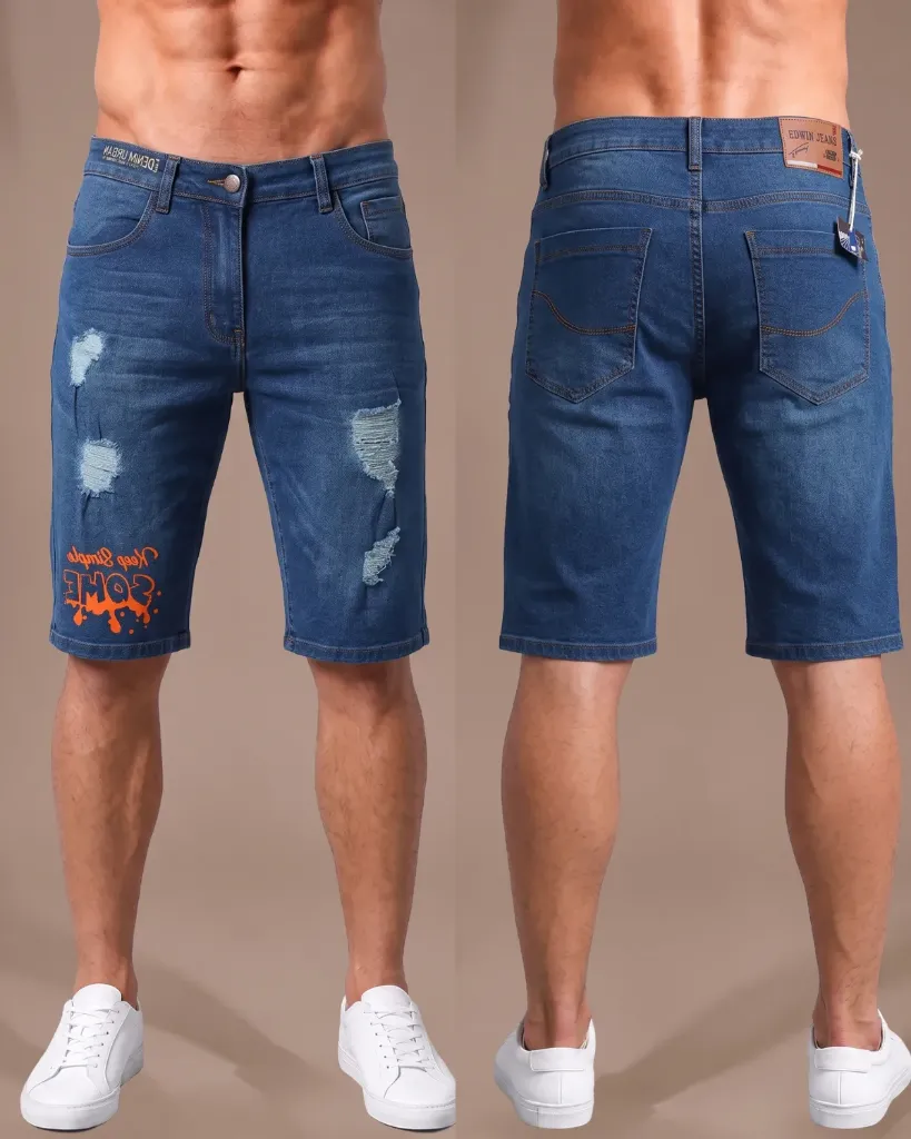 [HJ-002711-32-AZUL-MEDIO] Bermuda jeans strech rasgada con estampado (32, Azul medio)