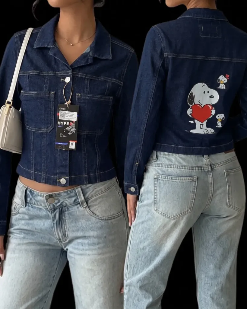 [HJ-002722-M-AZUL-OSCURO] Chaqueta jeans strech con estampado de snoopy (M, Azul oscuro)
