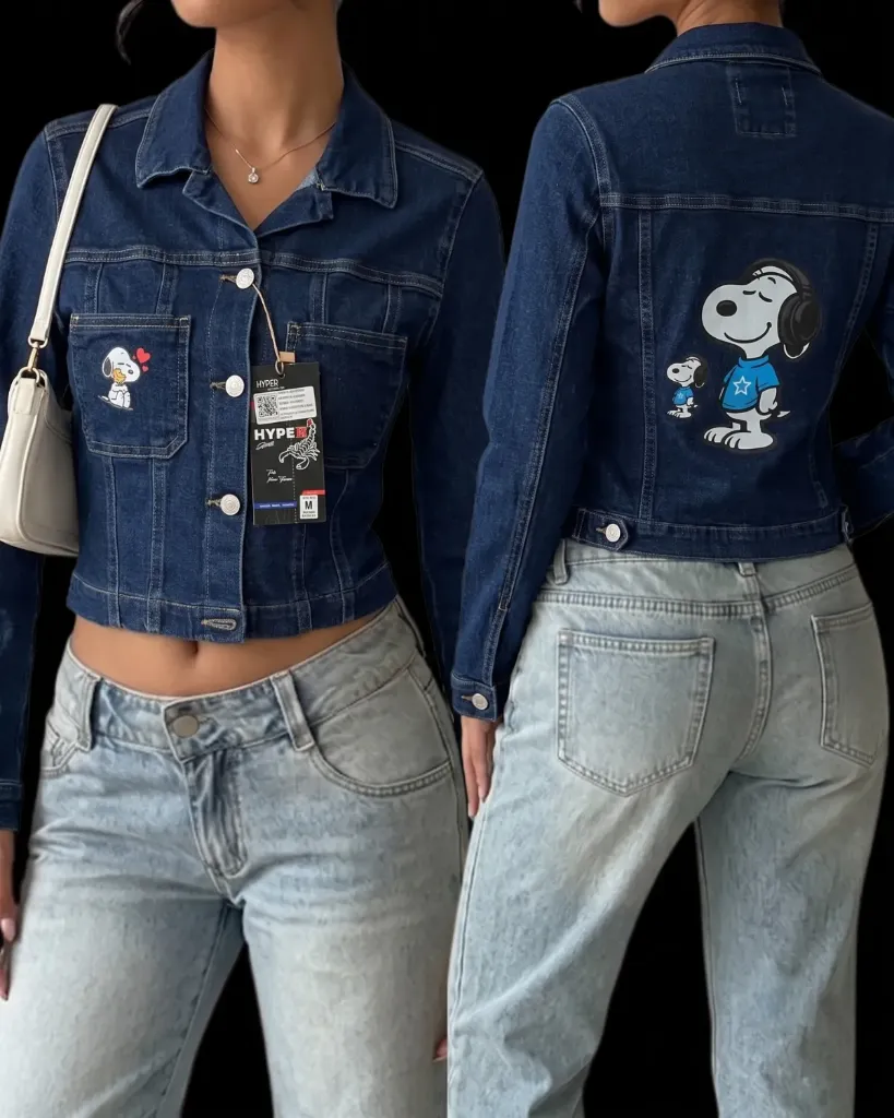 [HJ-002722-M-AZUL-MEDIO] Chaqueta jeans strech con estampado de snoopy (M, Azul medio)