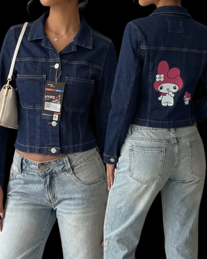 [HJ-002723-M-AZUL-OSCURO] Chaqueta jeans strech con estampado (M, Azul oscuro)