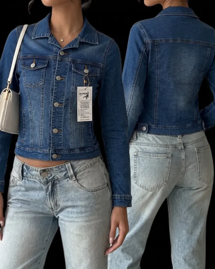 Chaqueta jeans rigida llana con bolsillos viviados