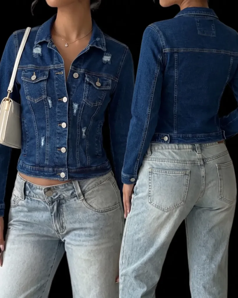 Chaqueta jeans strech rasgada con bolsillos viviados