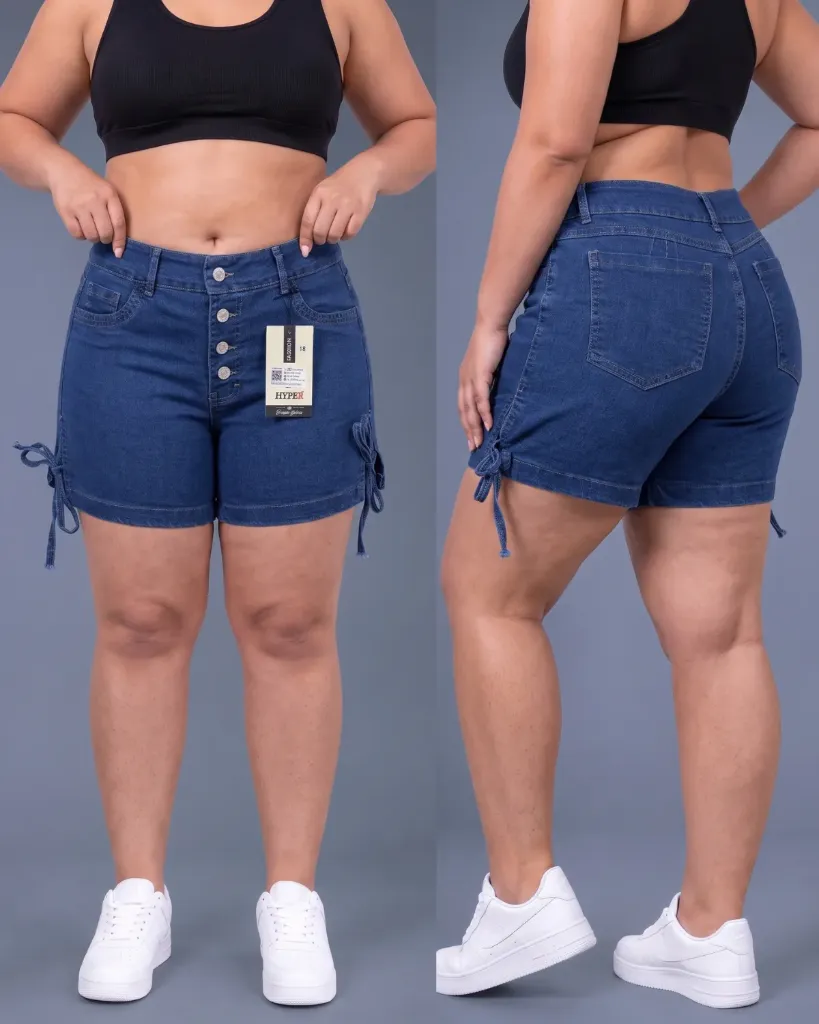 [HJ-002931-18-AZUL-MEDIO] Short strech plus de 4 botones con abertura lateral y tiras (18, Azul medio)