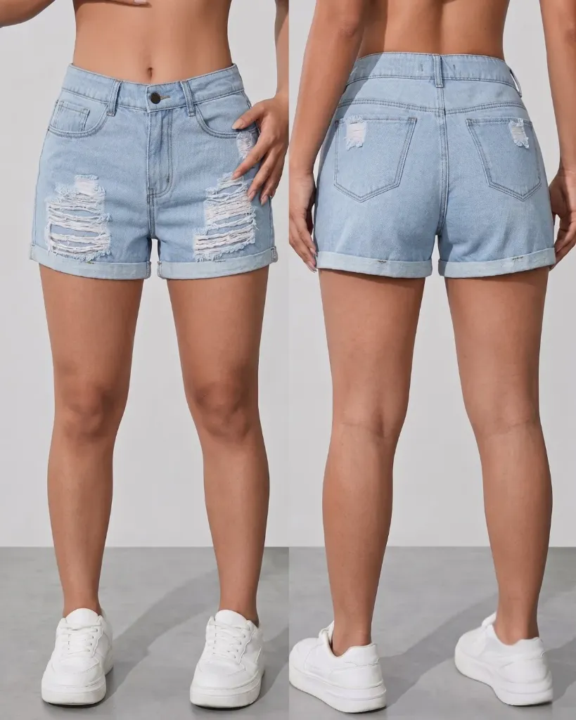 [HJ-002596-8-AZUL-MEDIO] Short rigido rasgado con dobladillo (8, Azul medio)