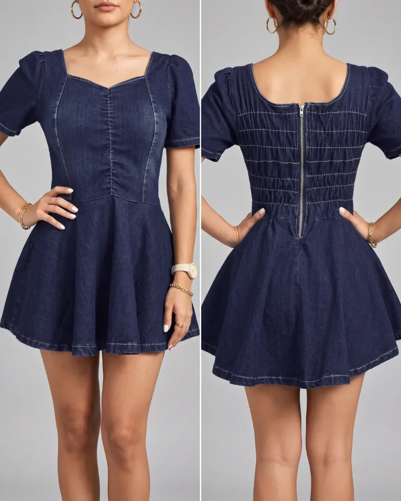 [HJ-003023-8-AZUL-2] Vestido short strech con elastico fruncido y mangas (8, Azul #2)