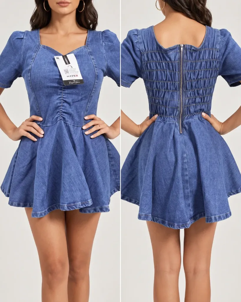 Vestido short con elastico fruncido y mangas