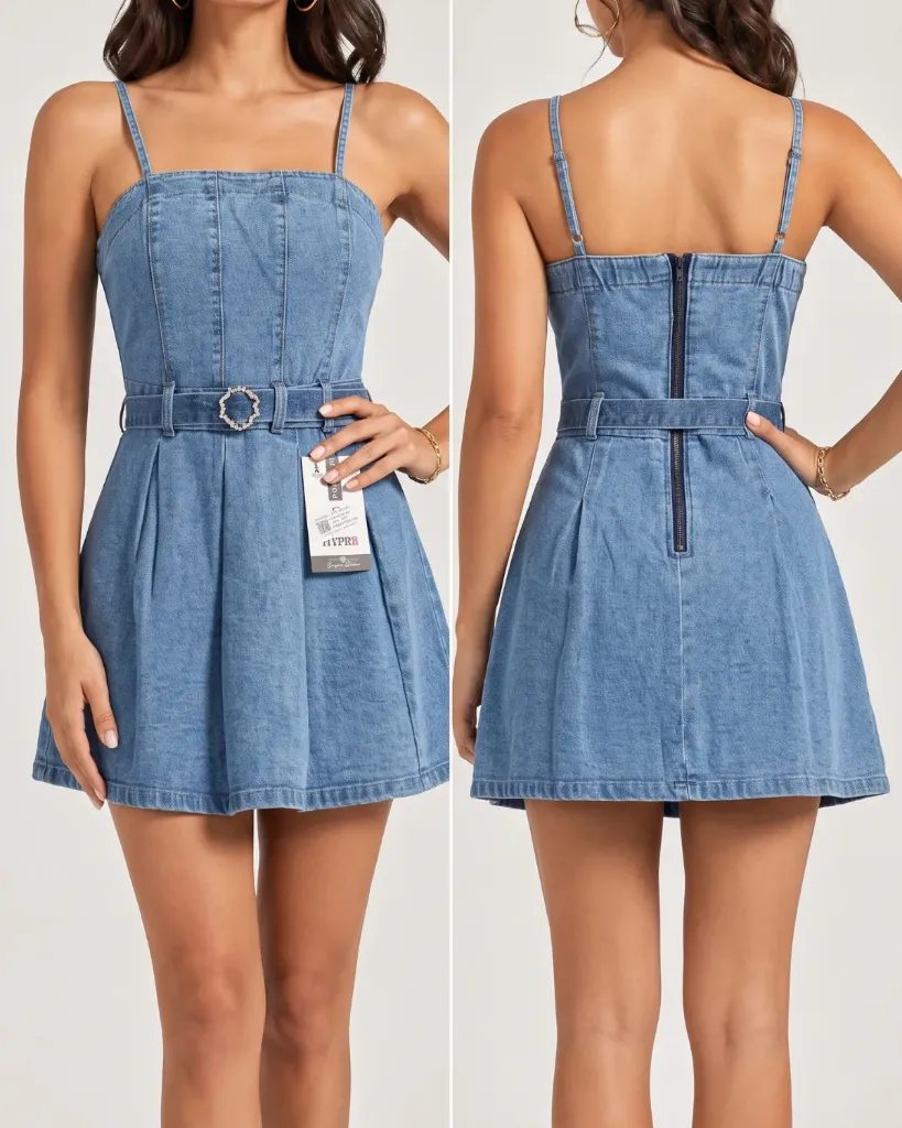 Vestido short de tiras con cinturón