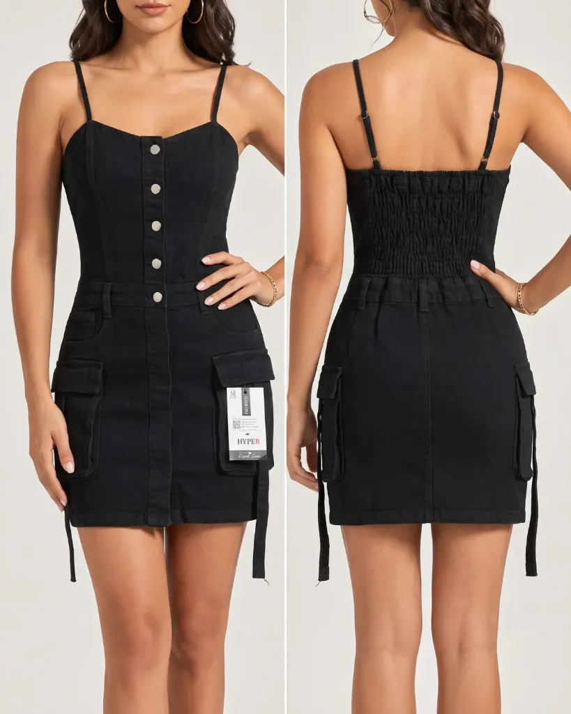 [HJ-003030-8-NEGRO] Vestido short cargo strech con elastico fruncido (8, Negro)