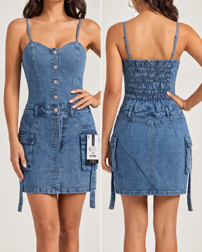 Vestido short cargo con botonadura y elastico fruncido