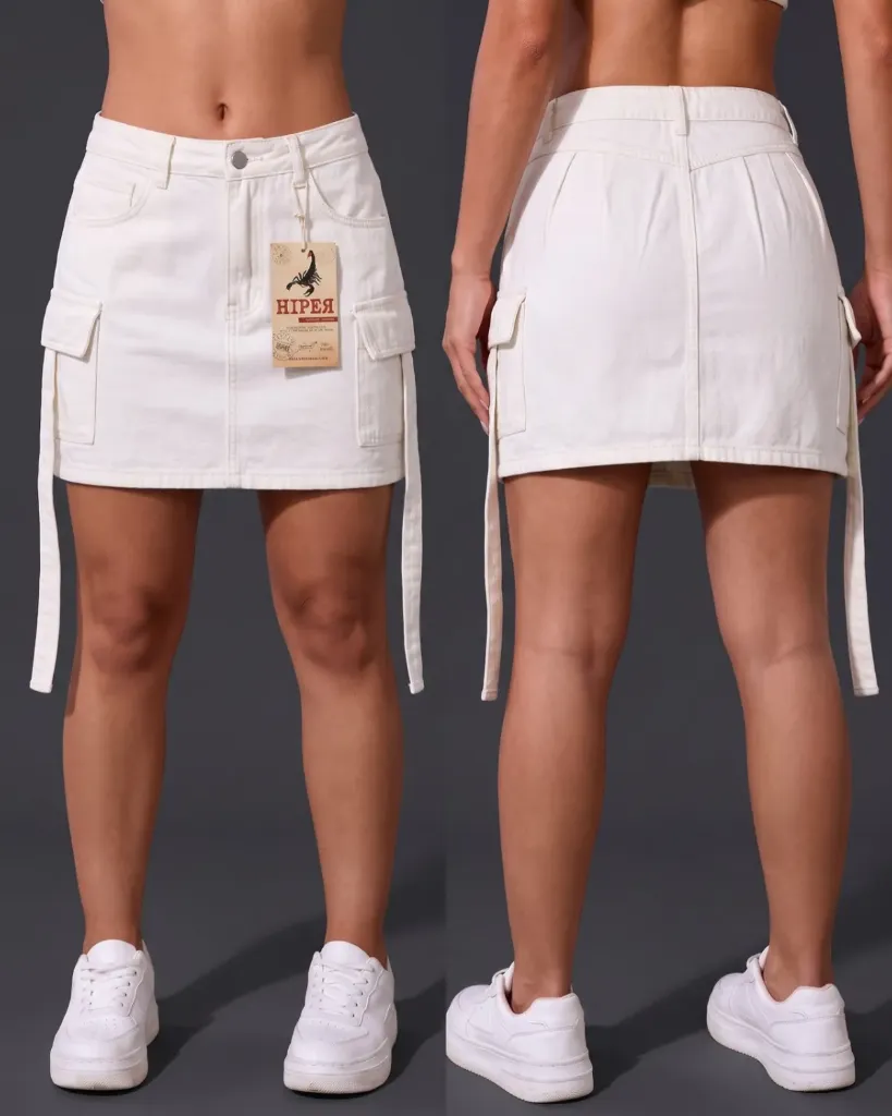 Falda short gabardina rigida cargo con tirantes