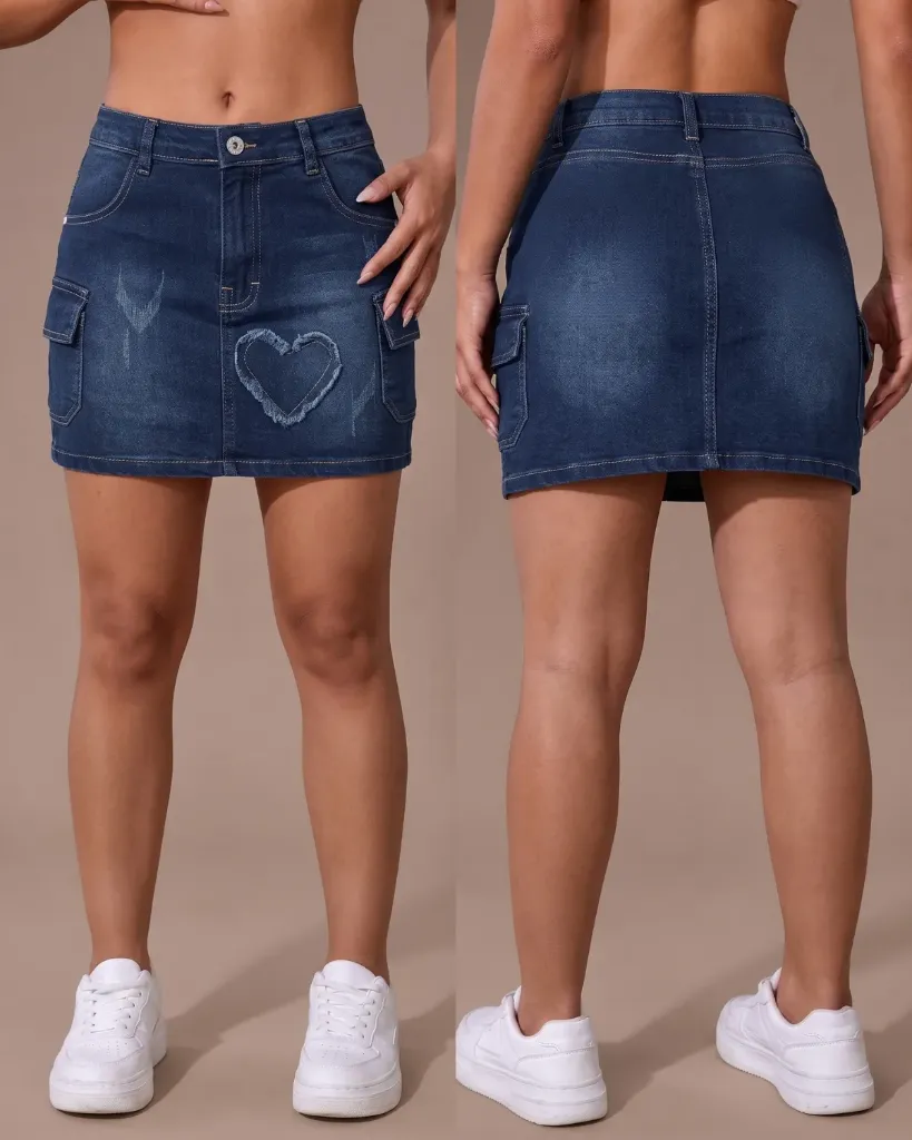 Falda short cargo strech con diseño de corazón
