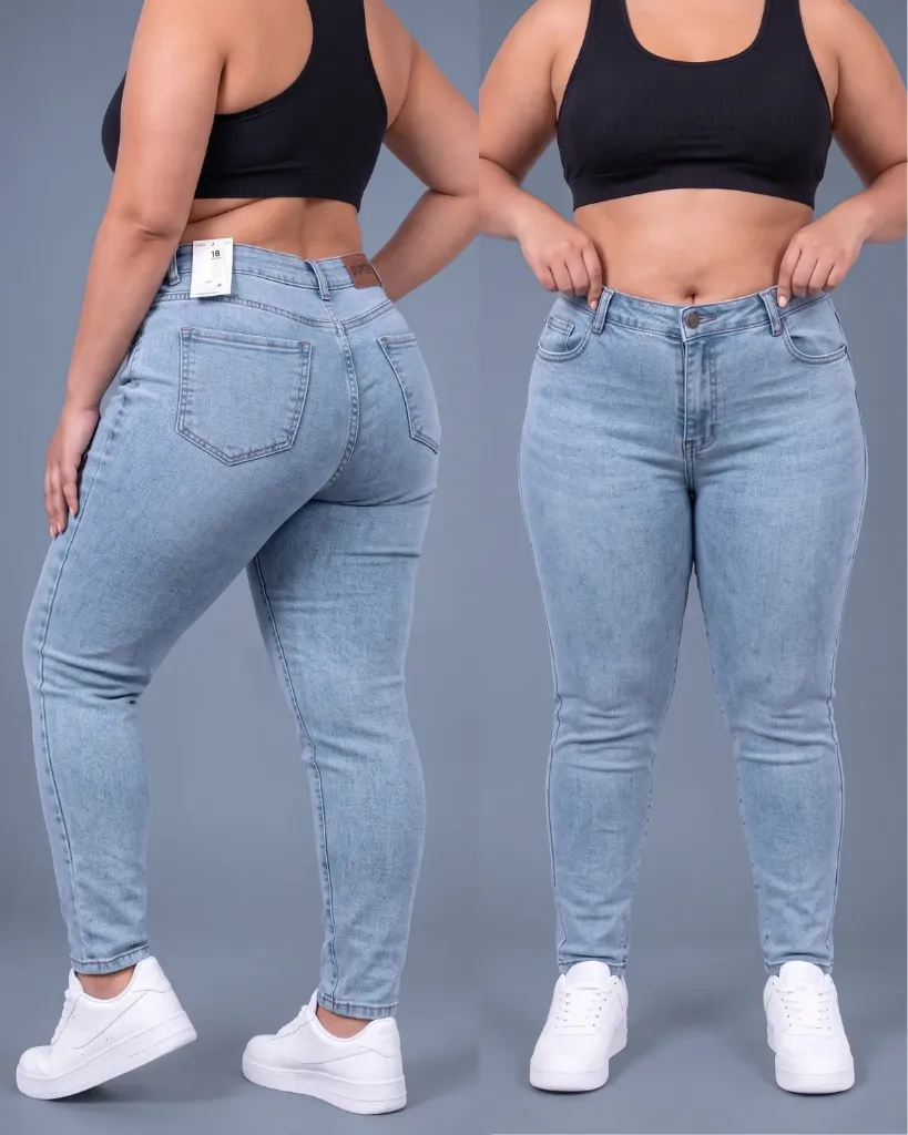 Tubo jeans strech plus tiro alto con bigotes
