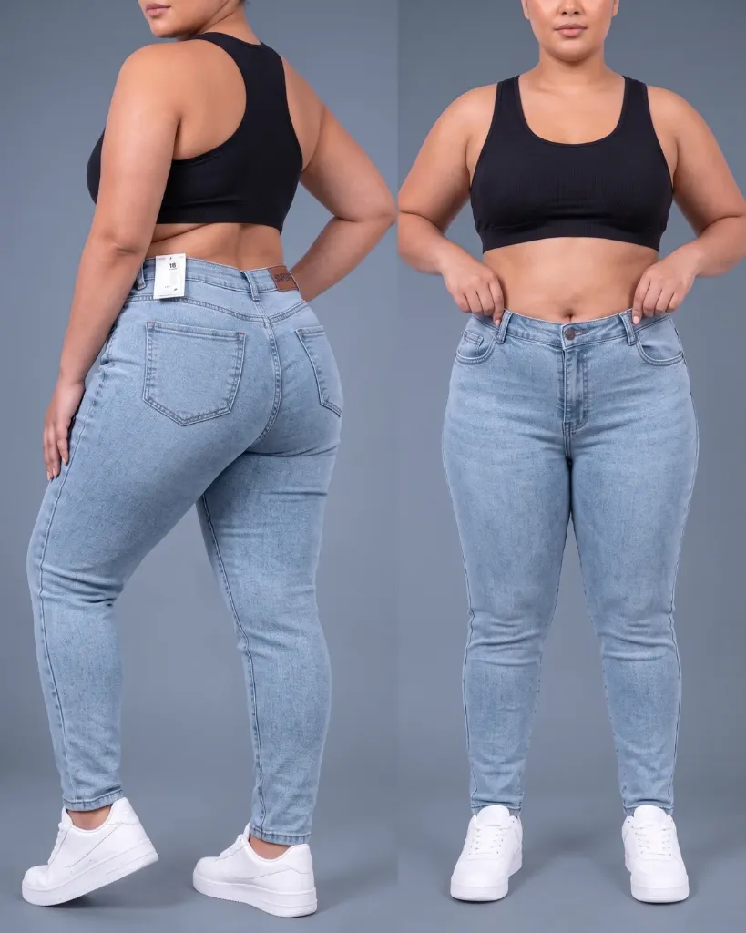 Tubo jeans strech plus tiro alto con bigotes