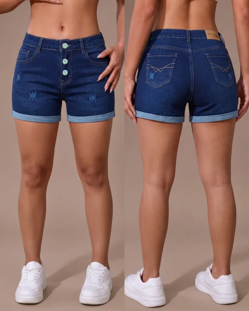[HJ-003176-6-AZUL-3] Short strech mototool de 3 botones con dobladillo (6, Azul #3)