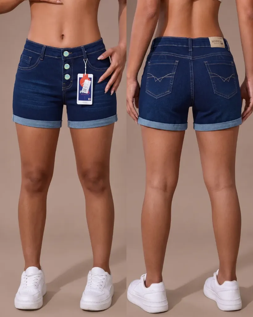 [HJ-003177-6-AZUL-3] Short strech bigotes de 3 botones con dobladillo (6, Azul #3)