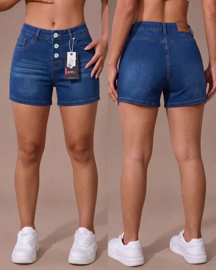 [HJ-003182-6-AZUL-4] Short strech bigotes de 3 botones levanta cola (6, Azul #4)