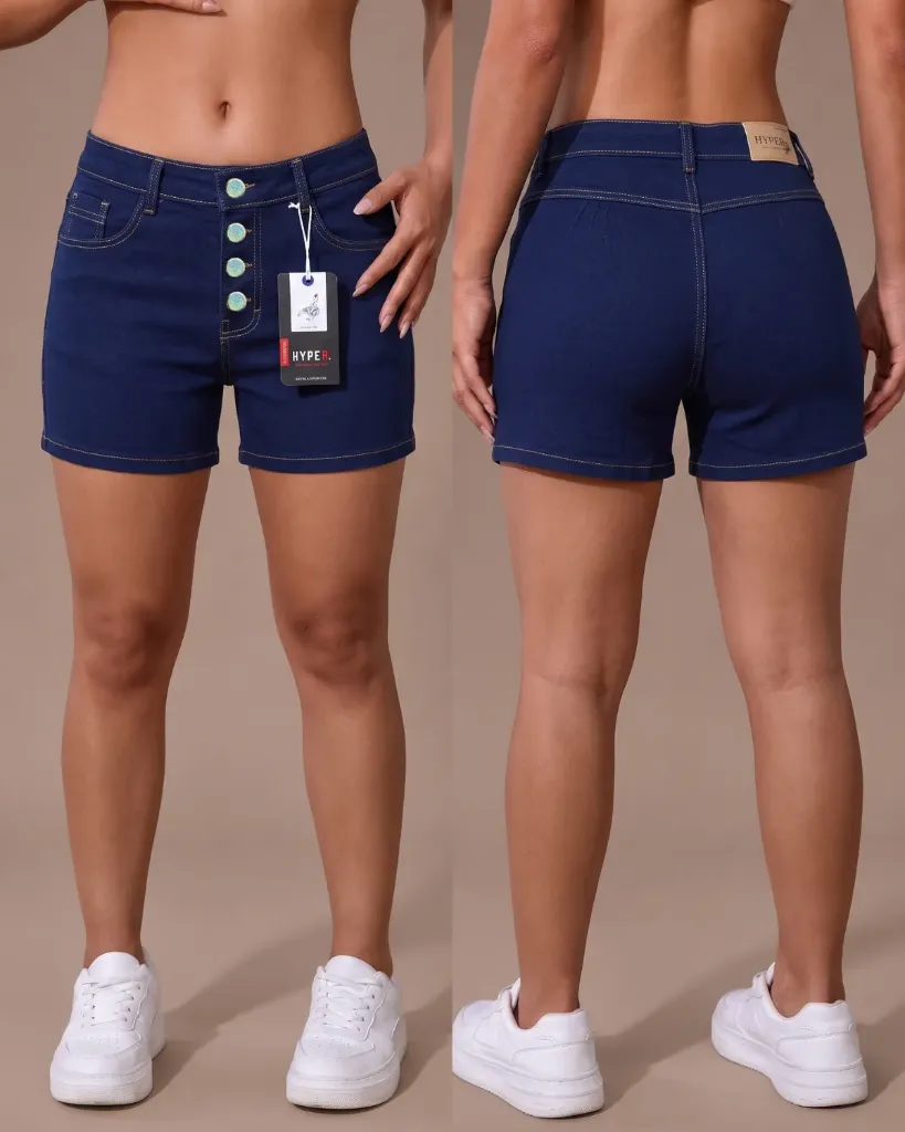 [HJ-003189-6-AZUL-2] Short strech llano de 4 botones levanta cola (6, Azul #2)