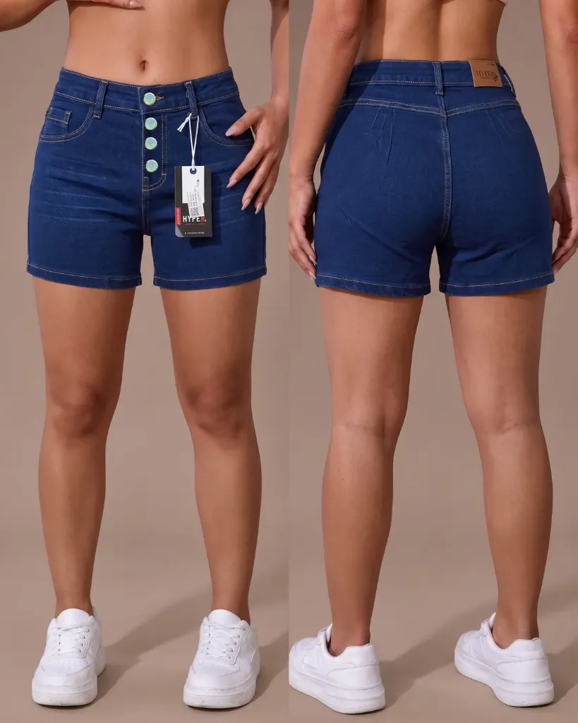 [HJ-003195-6-AZUL-3] Short strech bigotes de 4 botones levanta cola (6, Azul #3)