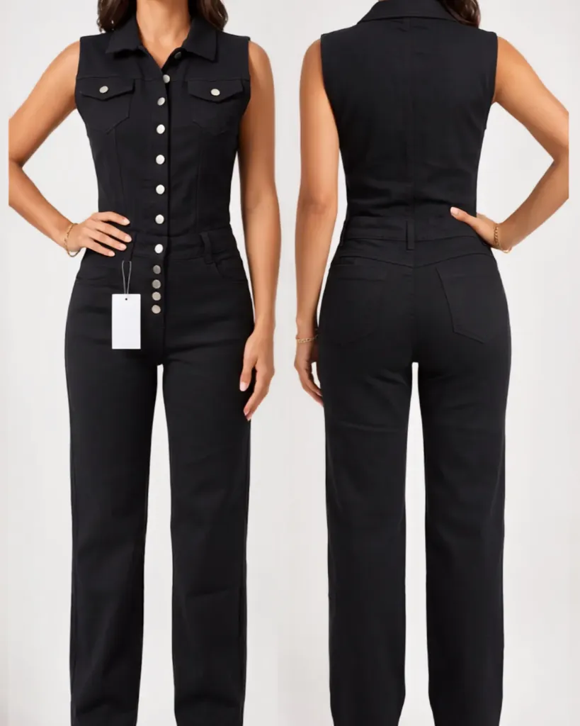[HJ-003197-10-NEGRO] Enterizo jeans strech con cuello y botonadura (10, Negro)