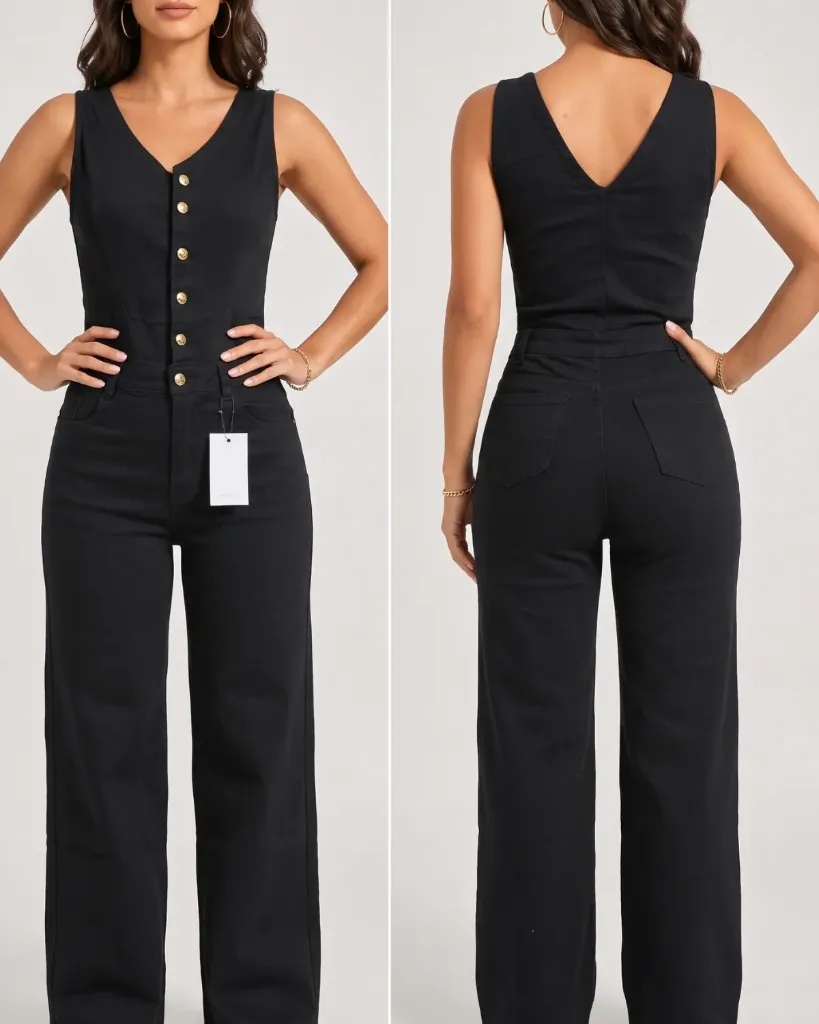 [HJ-003199-10-NEGRO] Enterizo jeans strech con cuello en V y botonadura (10, Negro)