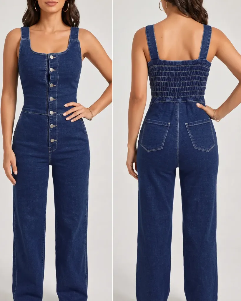 Enterizo jeans strech abotonado con elastico fruncido