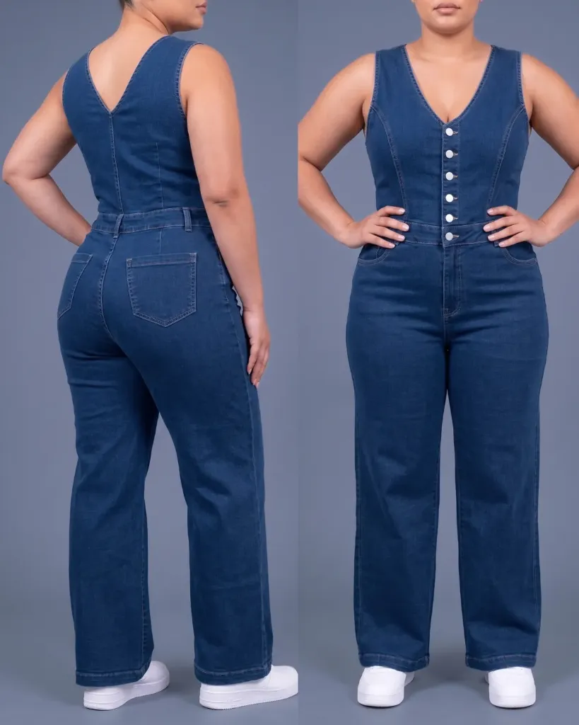 [HJ-003207-18-AZUL-OSCURO] Enterizo jeans strech plus con cuello en V y botonadura (Azul oscuro)