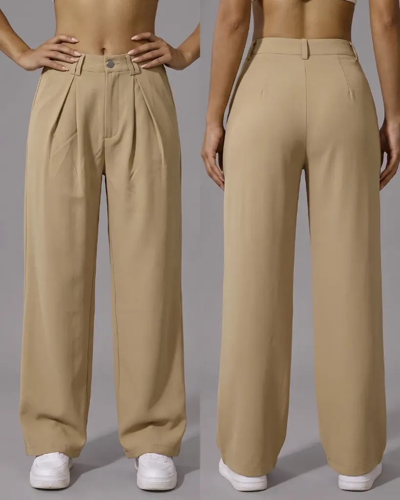 [HJ-003252-S-CREMA] Palazzo de vestir tiro alto con pinzas de 1 botón (S, Crema)