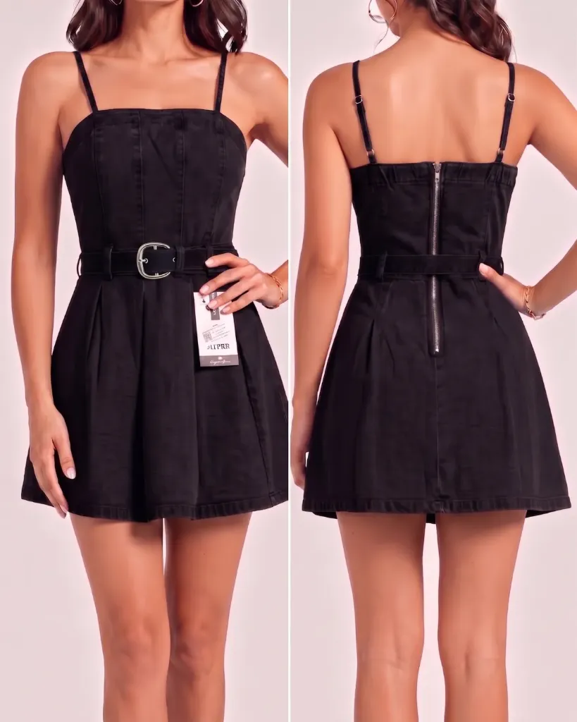 Vestido short strech de tiras con cinturón