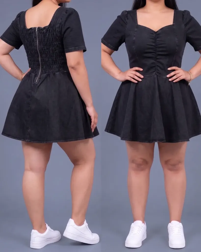 Vestido short strech plus con elastico fruncido y mangas