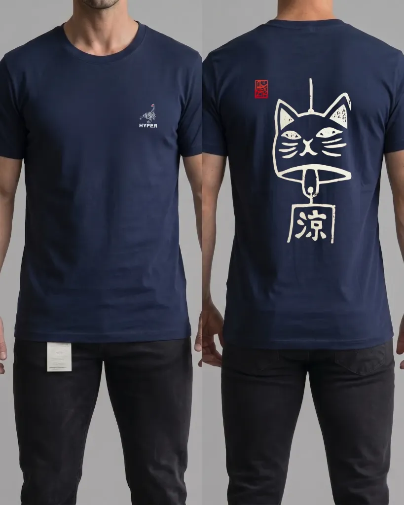 [HJ-003264-M-AZUL-MEDIO] Camiseta estampada (Gato) (M, Azul medio)