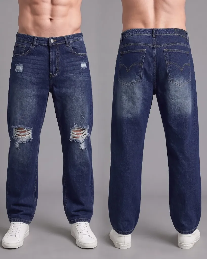 [HJ-002341-32-AZUL-2] Baggy rigido con rasgado en la rodilla (32, Azul #2)